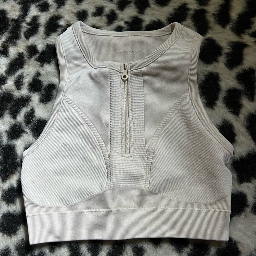 Aerie Cream Zip-Front Sports Bra